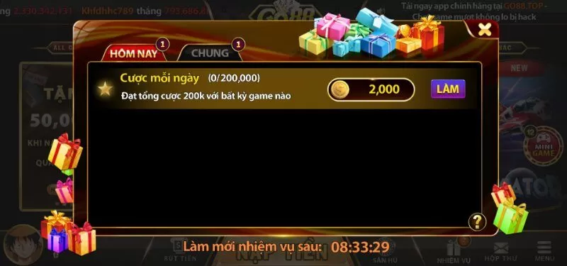 Khuyến mãi Go88 cược mỗi ngày tặng 2k xu cho mọi trò chơi